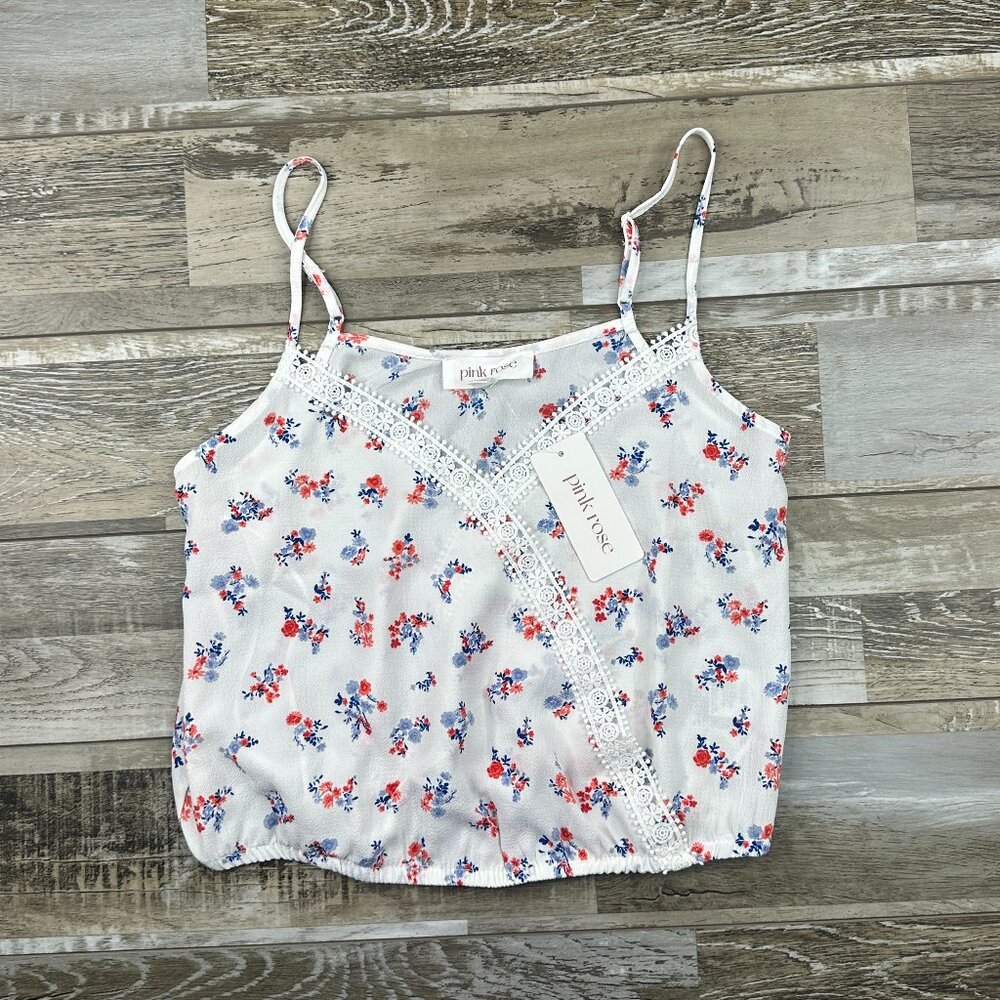 Womens NWT S Pink Rose cropped tank top white floral